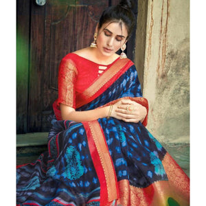 Dark Blue Festive Wear Printed Cotton Silk Saree With Woven Border