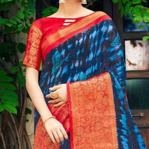 Dark Blue Festive Wear Printed Cotton Silk Saree With Woven Border
