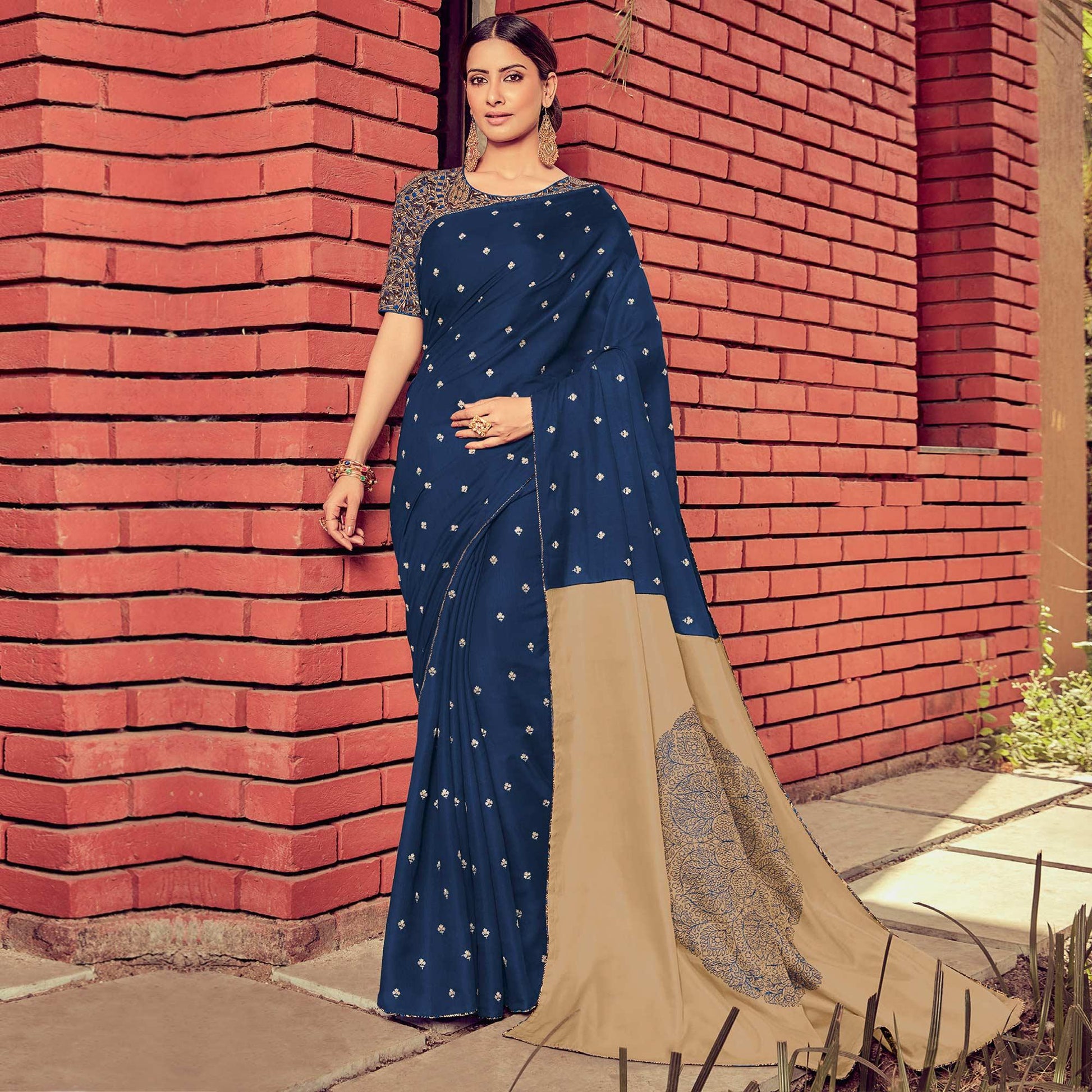 Dark Blue Festive Wear Solid Tussar Silk Saree With Border