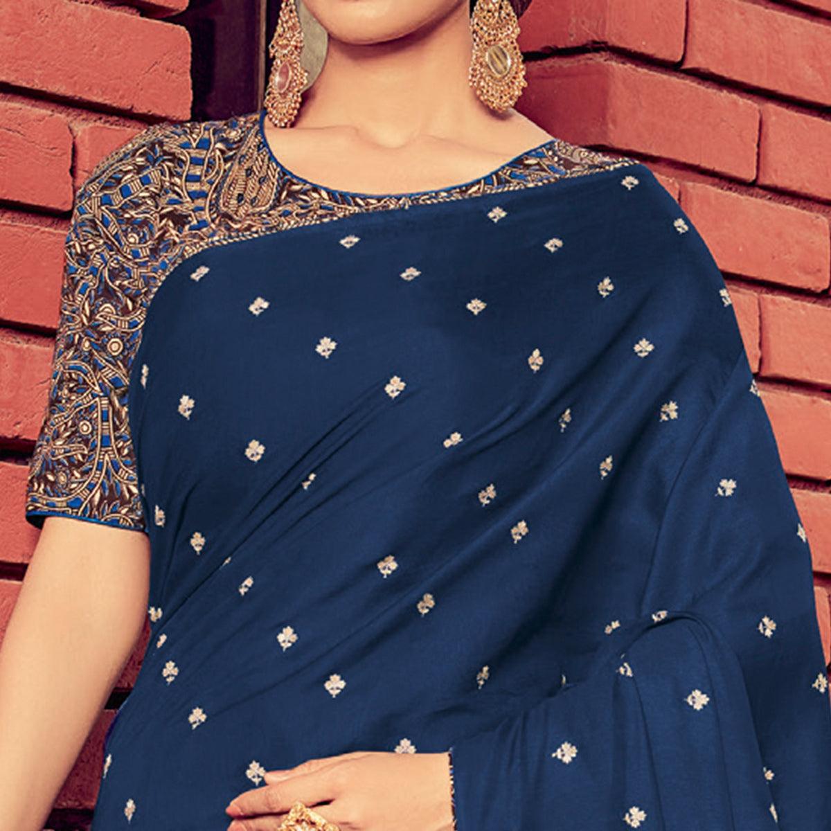 Dark Blue Festive Wear Solid Tussar Silk Saree With Border