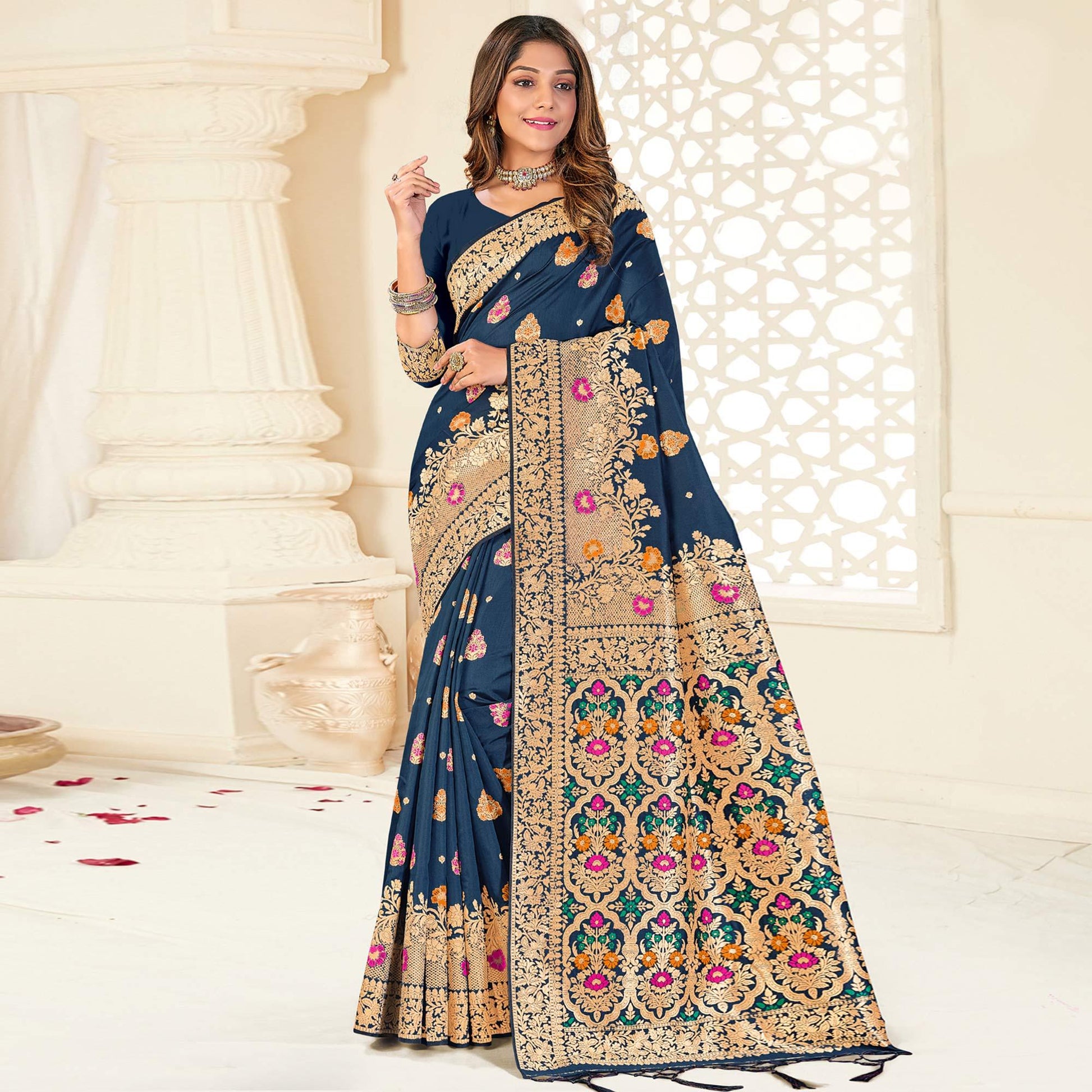 Dark Blue Festive Wear Woven Jari Border Soft Silk Saree