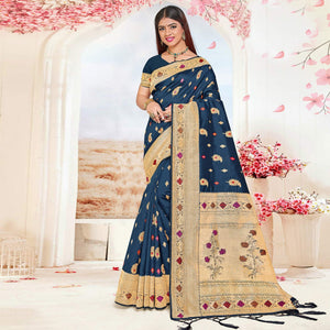 Dark Blue Festive Wear Woven Jari Border Soft Silk Saree