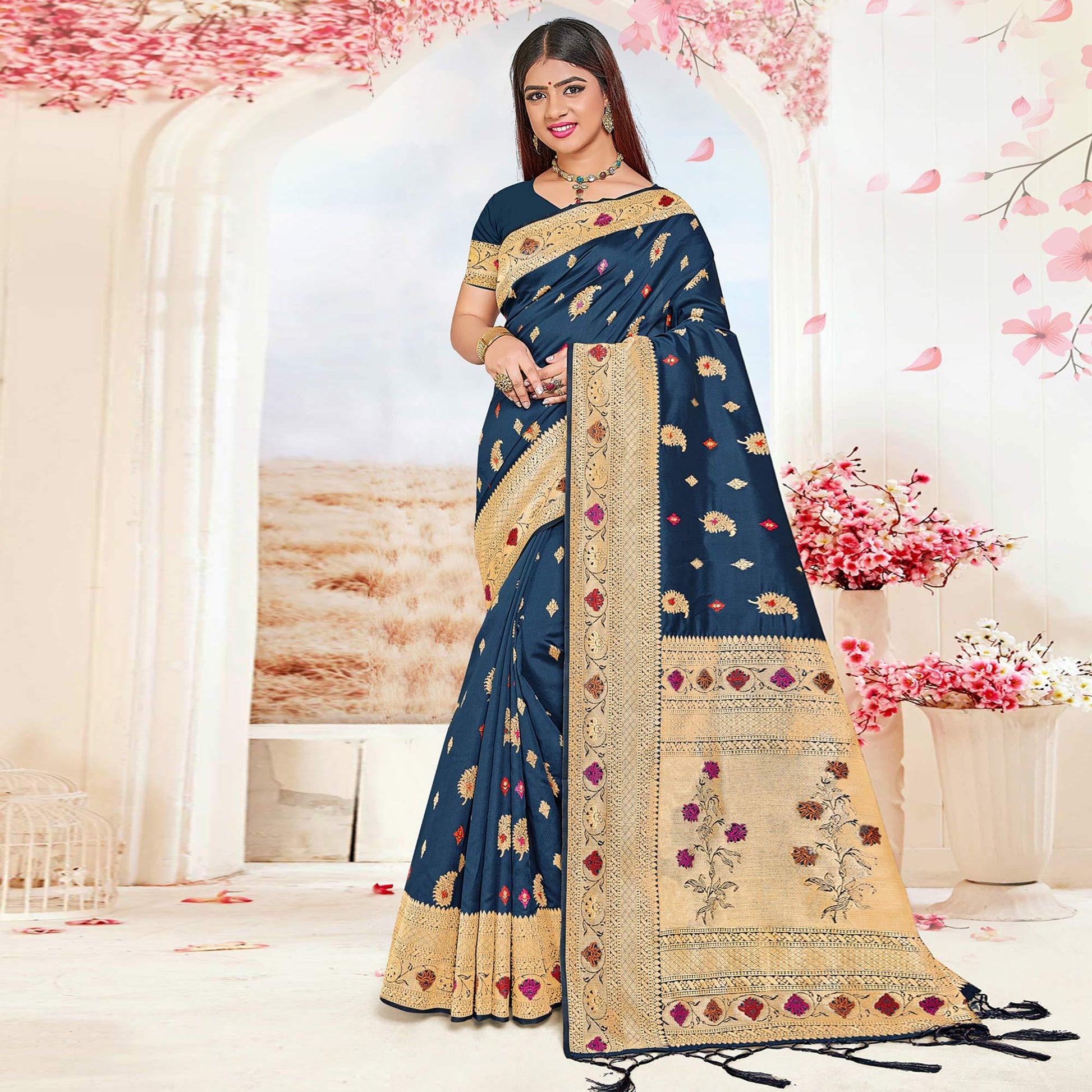 Dark Blue Festive Wear Woven Jari Border Soft Silk Saree