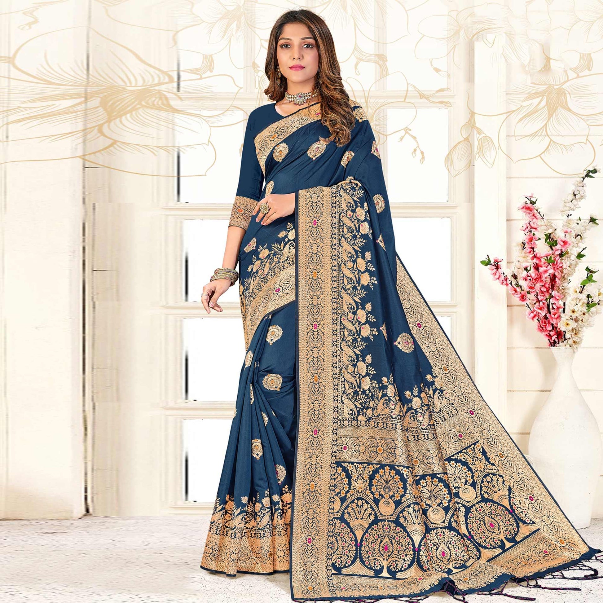 Dark Blue Festive Wear Woven Jari Border Soft Silk Saree