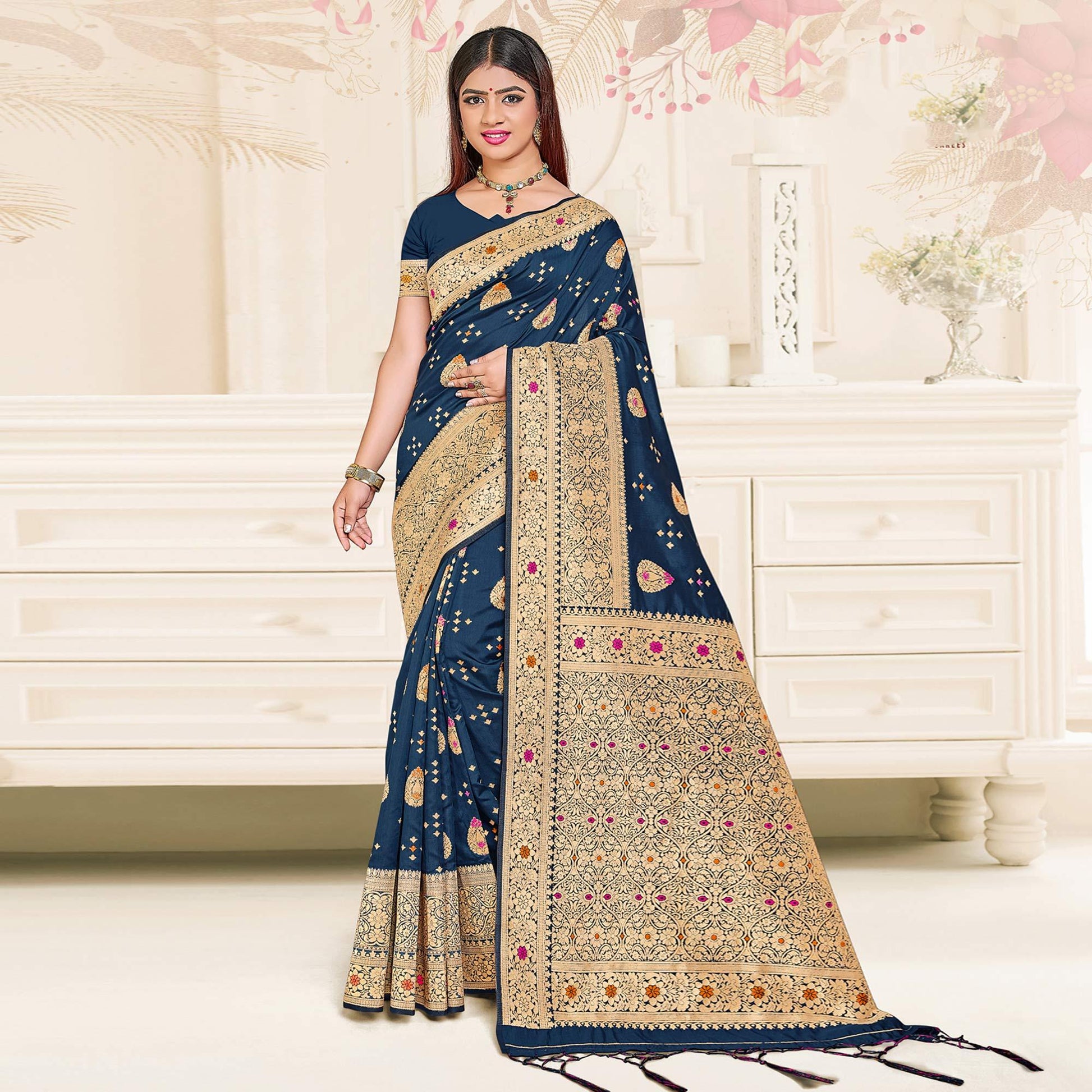 Dark Blue Festive Wear Woven Jari Border Soft Silk Saree