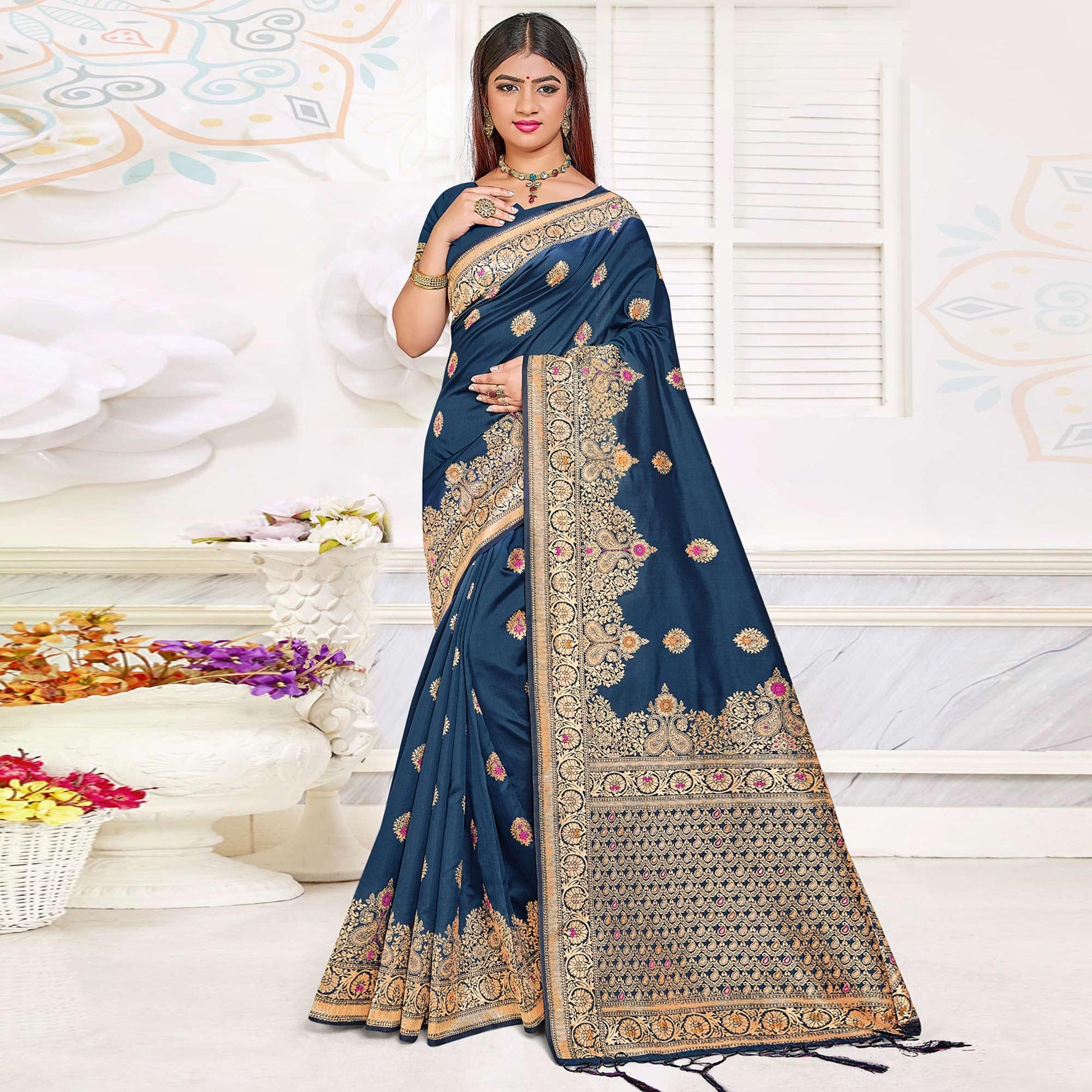 Dark Blue Festive Wear Woven Jari Border Soft Silk Saree