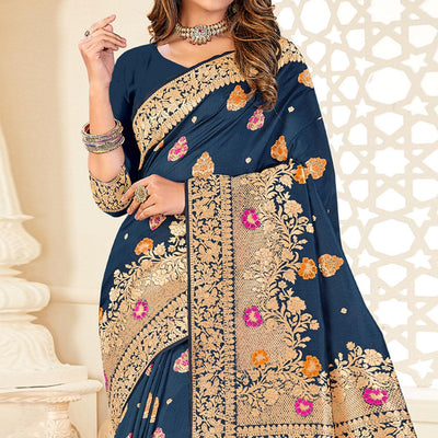 Dark Blue Festive Wear Woven Jari Border Soft Silk Saree
