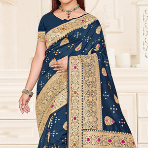 Dark Blue Festive Wear Woven Jari Border Soft Silk Saree