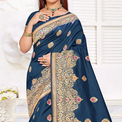 Dark Blue Festive Wear Woven Jari Border Soft Silk Saree