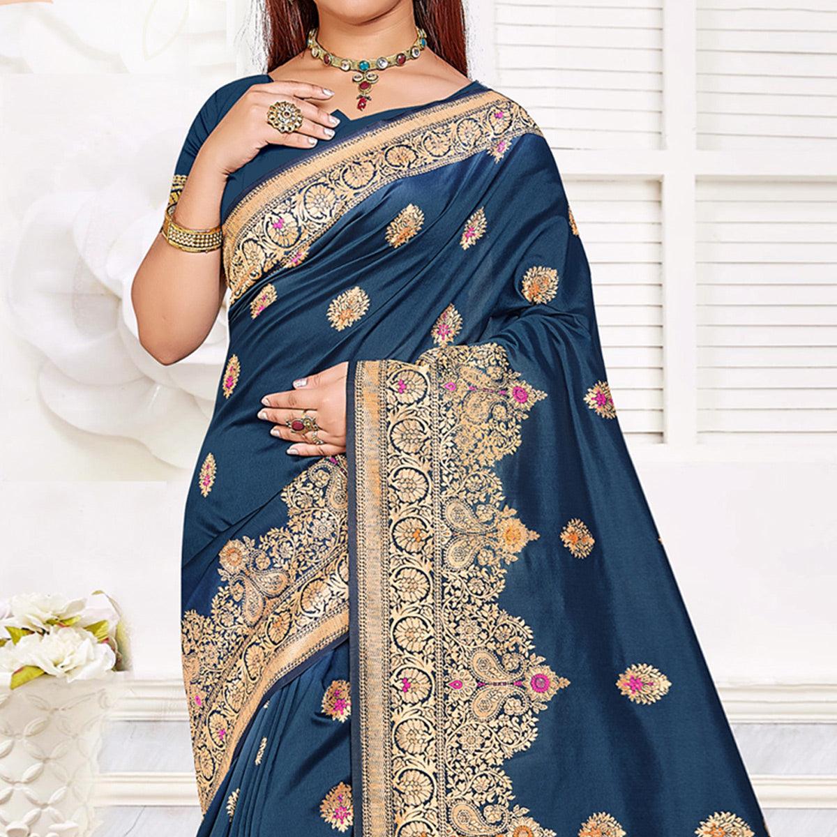 Dark Blue Festive Wear Woven Jari Border Soft Silk Saree