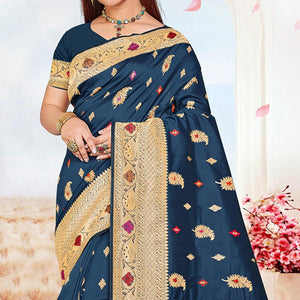 Dark Blue Festive Wear Woven Jari Border Soft Silk Saree