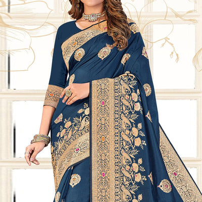 Dark Blue Festive Wear Woven Jari Border Soft Silk Saree
