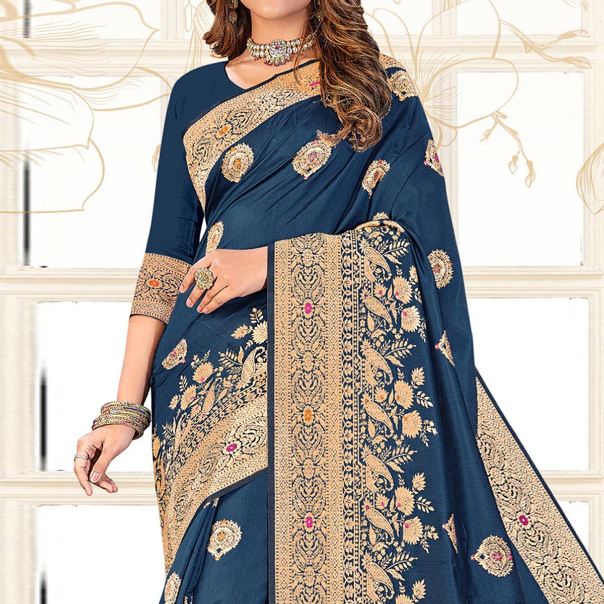 Dark Blue Festive Wear Woven Jari Border Soft Silk Saree
