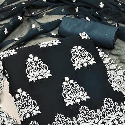 Dark Blue Floral Embroidered Georgette Dress Material