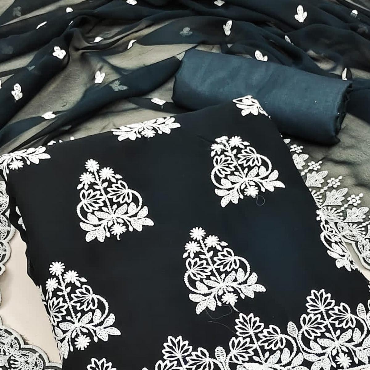 Dark Blue Floral Embroidered Georgette Dress Material