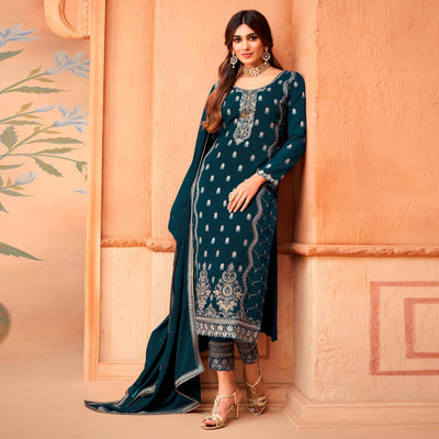 Dark Blue Floral Embroidery Designer Georgette Partywear Suit