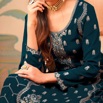 Dark Blue Floral Embroidery Designer Georgette Partywear Suit