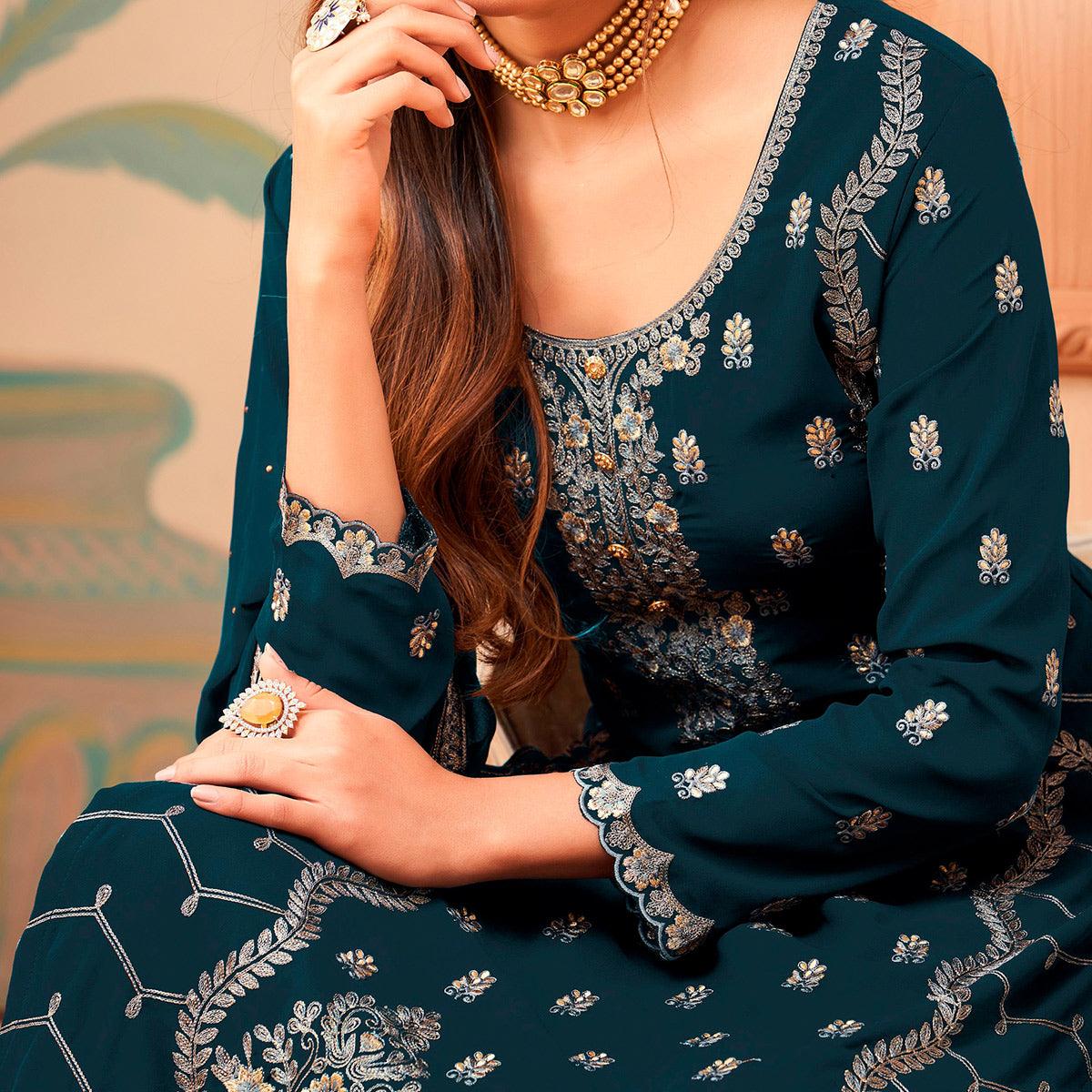 Dark Blue Floral Embroidery Designer Georgette Partywear Suit
