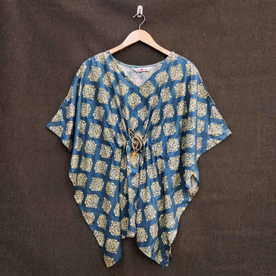 Dark Blue Foil Printed Rayon Kaftan Top