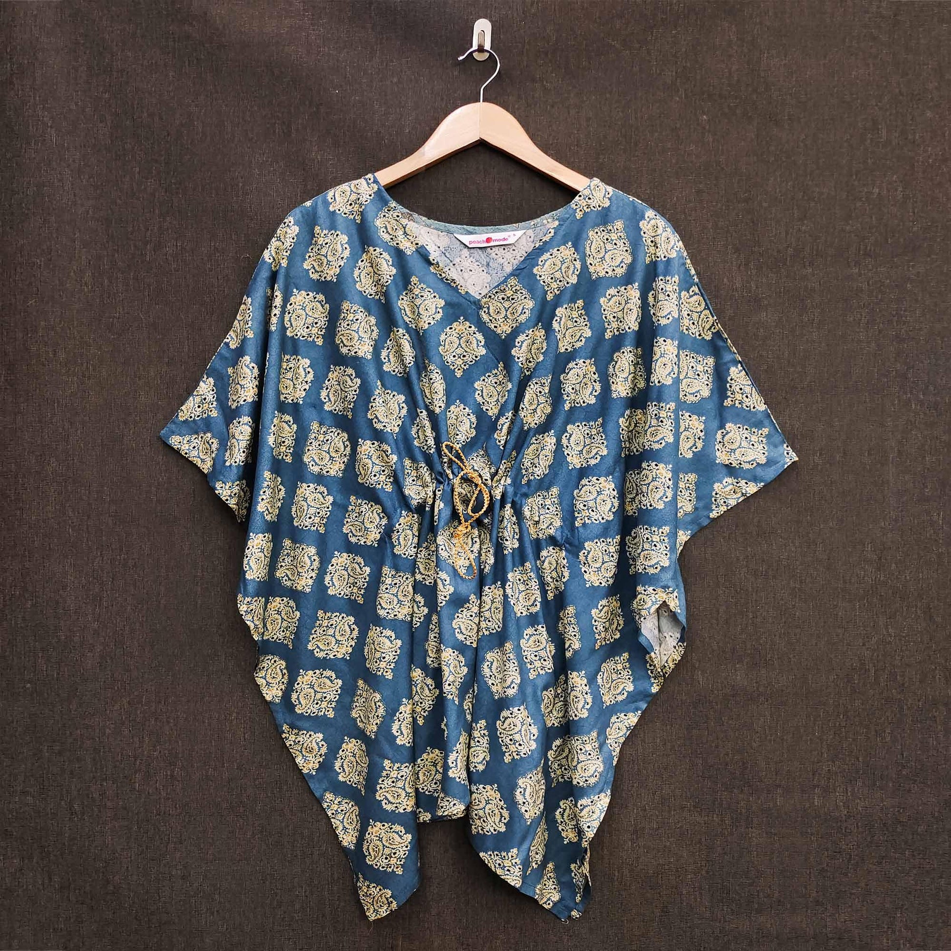 Dark Blue Foil Printed Rayon Kaftan Top