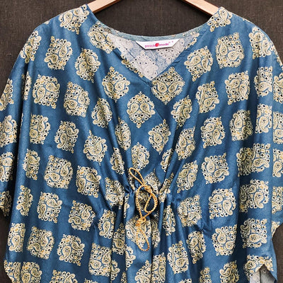Dark Blue Foil Printed Rayon Kaftan Top