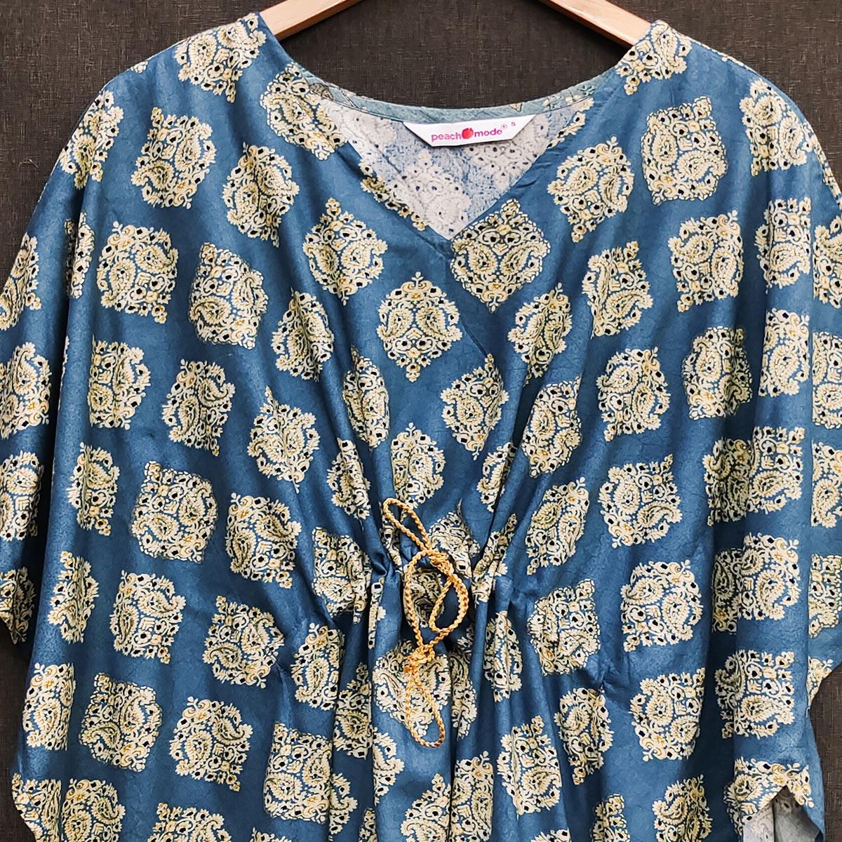 Dark Blue Foil Printed Rayon Kaftan Top