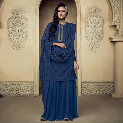 Dark Blue Partywear Embroidered Heavy Georgette Sharara Suit