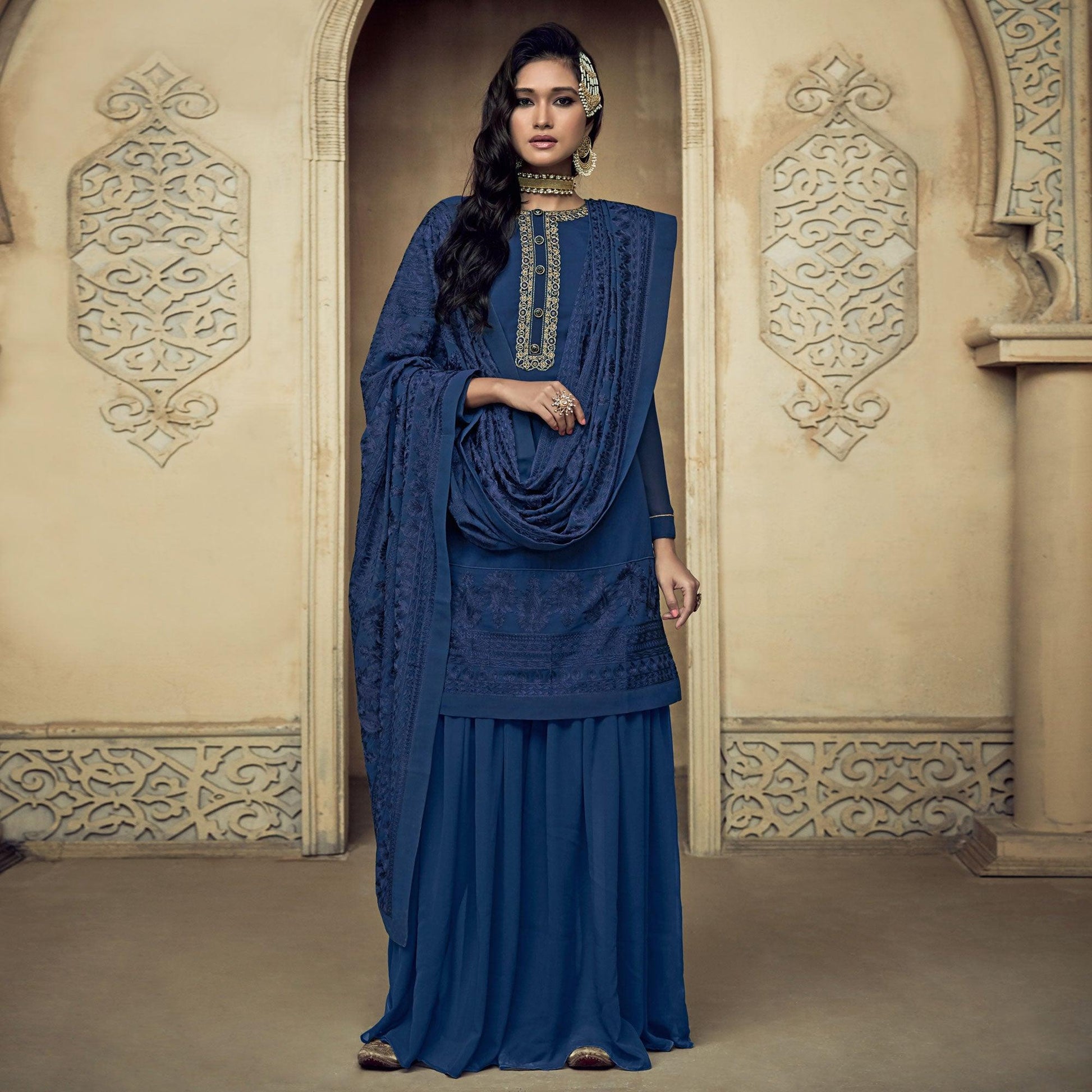 Dark Blue Partywear Embroidered Heavy Georgette Sharara Suit