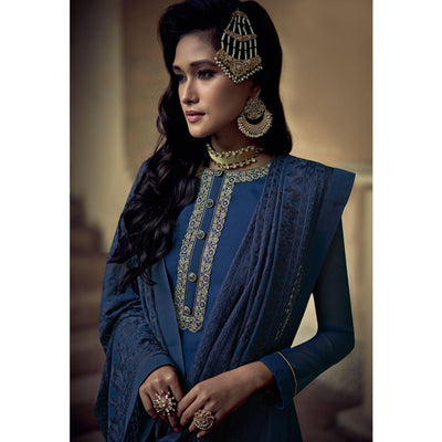 Dark Blue Partywear Embroidered Heavy Georgette Sharara Suit