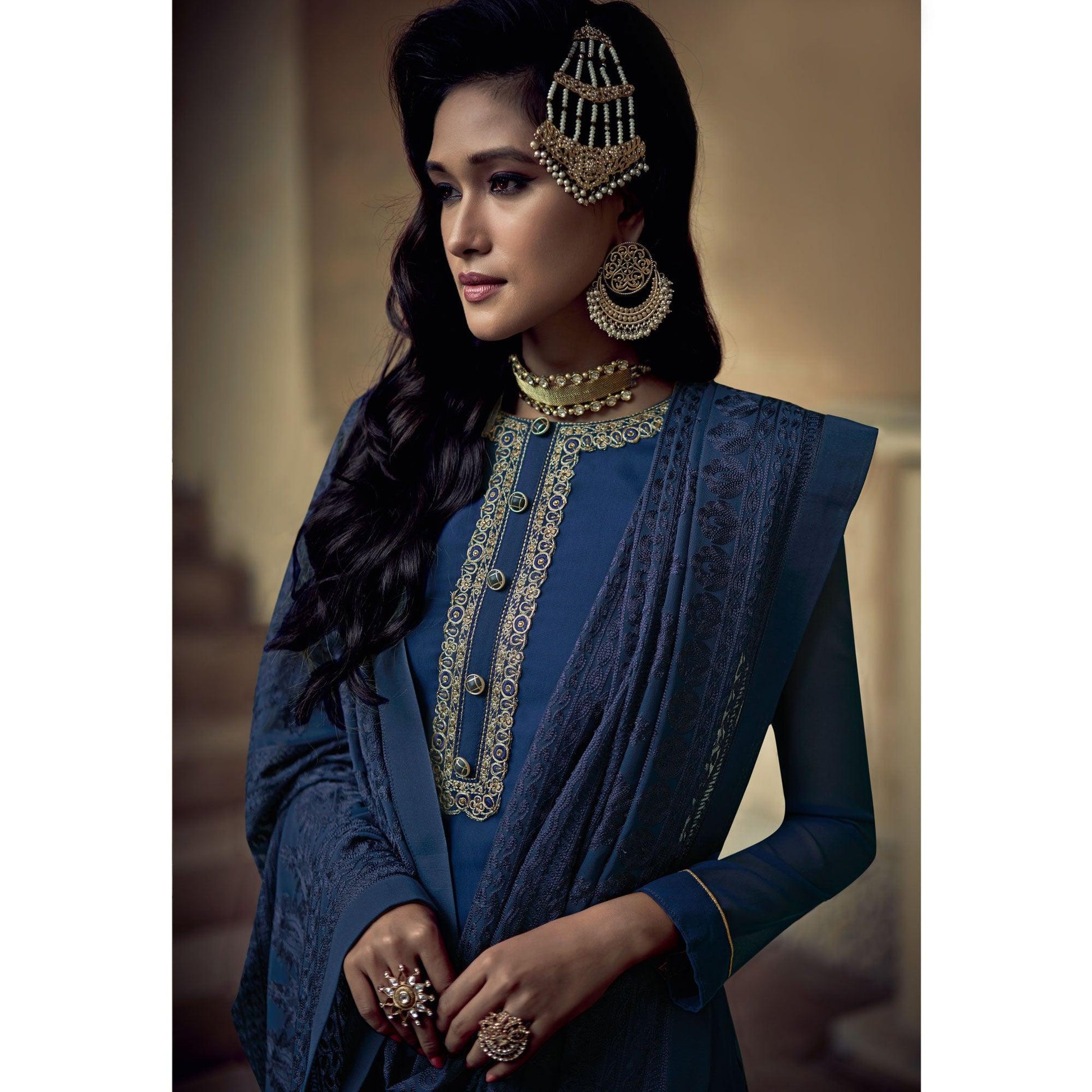 Dark Blue Partywear Embroidered Heavy Georgette Sharara Suit