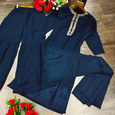 Dark Blue Partywear Embroidered Heavy Georgette Sharara Suit
