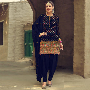 Dark Blue Partywear Embroidered with Sequins Work Heavy Faux Georgette Patiala Suit