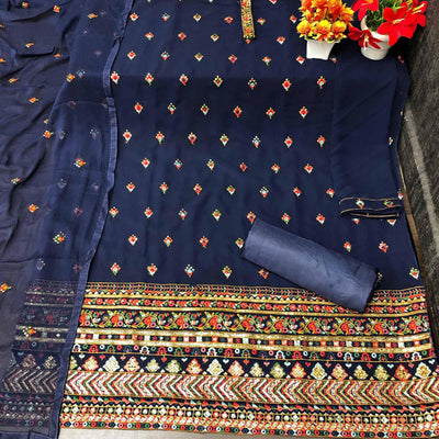 Dark Blue Partywear Embroidered with Sequins Work Heavy Faux Georgette Patiala Suit