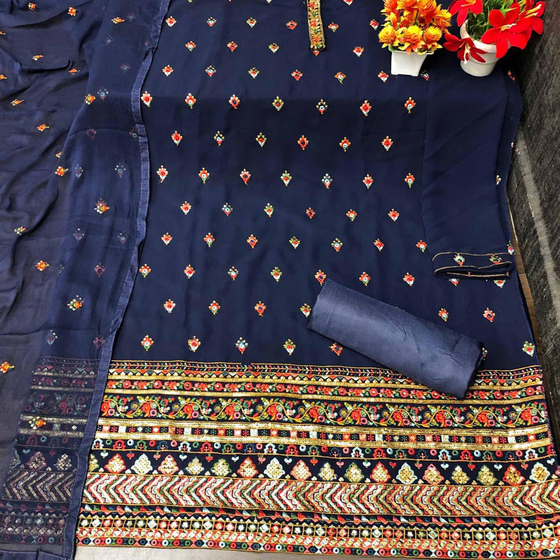 Dark Blue Partywear Embroidered with Sequins Work Heavy Faux Georgette Patiala Suit