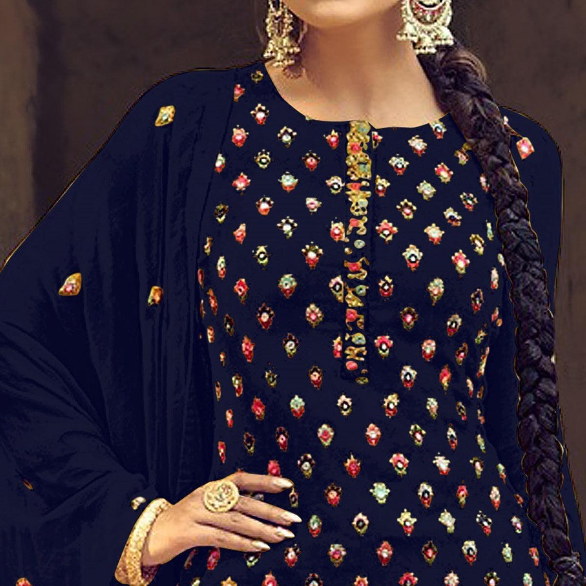Dark Blue Partywear Embroidered with Sequins Work Heavy Faux Georgette Patiala Suit