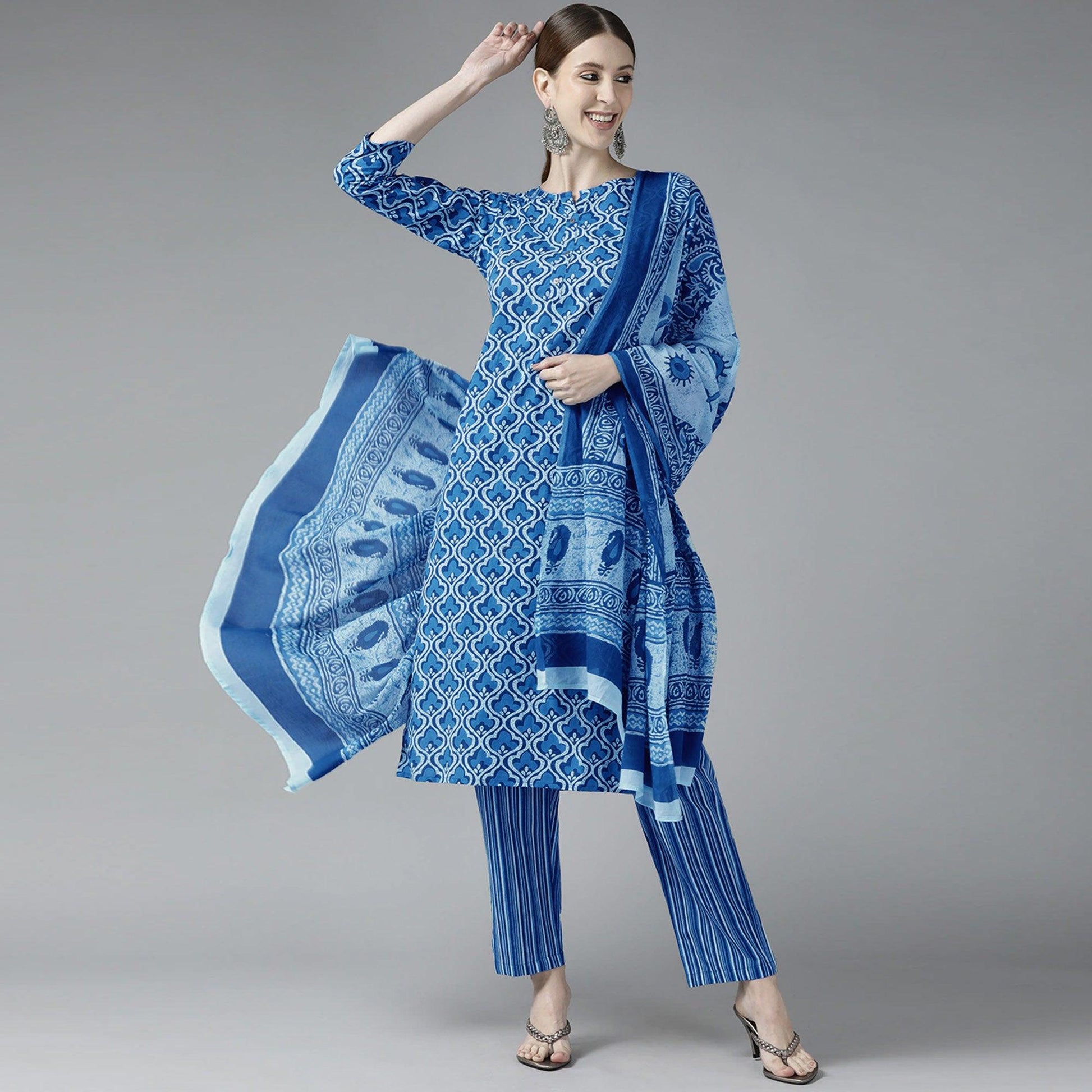 Dark Blue Printed Pure Cotton Kurti Pant Set with Dupatta