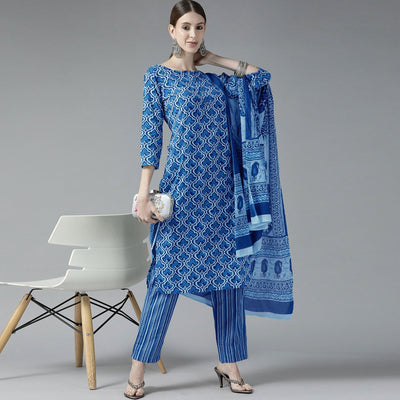 Dark Blue Printed Pure Cotton Kurti Pant Set with Dupatta