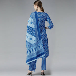 Dark Blue Printed Pure Cotton Kurti Pant Set with Dupatta