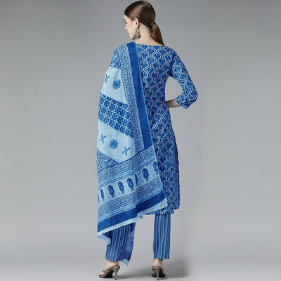 Dark Blue Printed Pure Cotton Kurti Pant Set with Dupatta