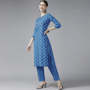 Dark Blue Printed Pure Cotton Kurti Pant Set with Dupatta