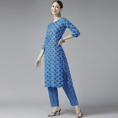 Dark Blue Printed Pure Cotton Kurti Pant Set with Dupatta