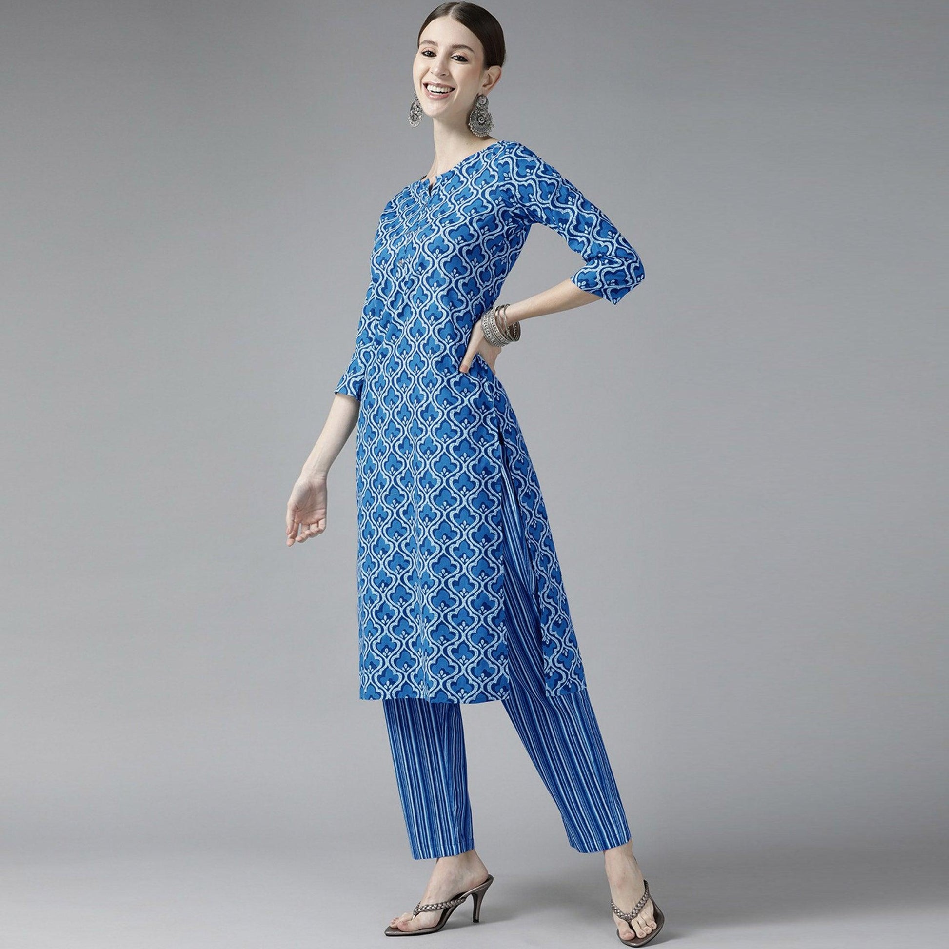 Dark Blue Printed Pure Cotton Kurti Pant Set with Dupatta
