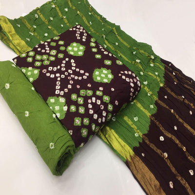Dark Brown Bandhani Printed Pure Cotton Dress Material