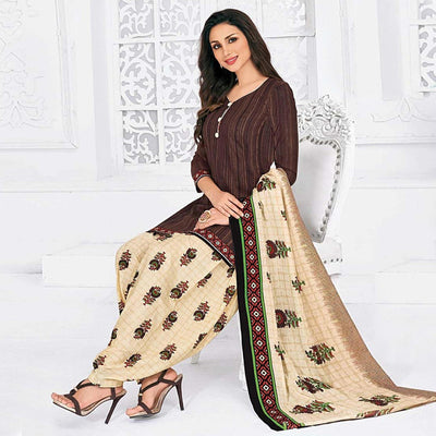 Dark Brown Casual Wear Printed Cotton Dress Material