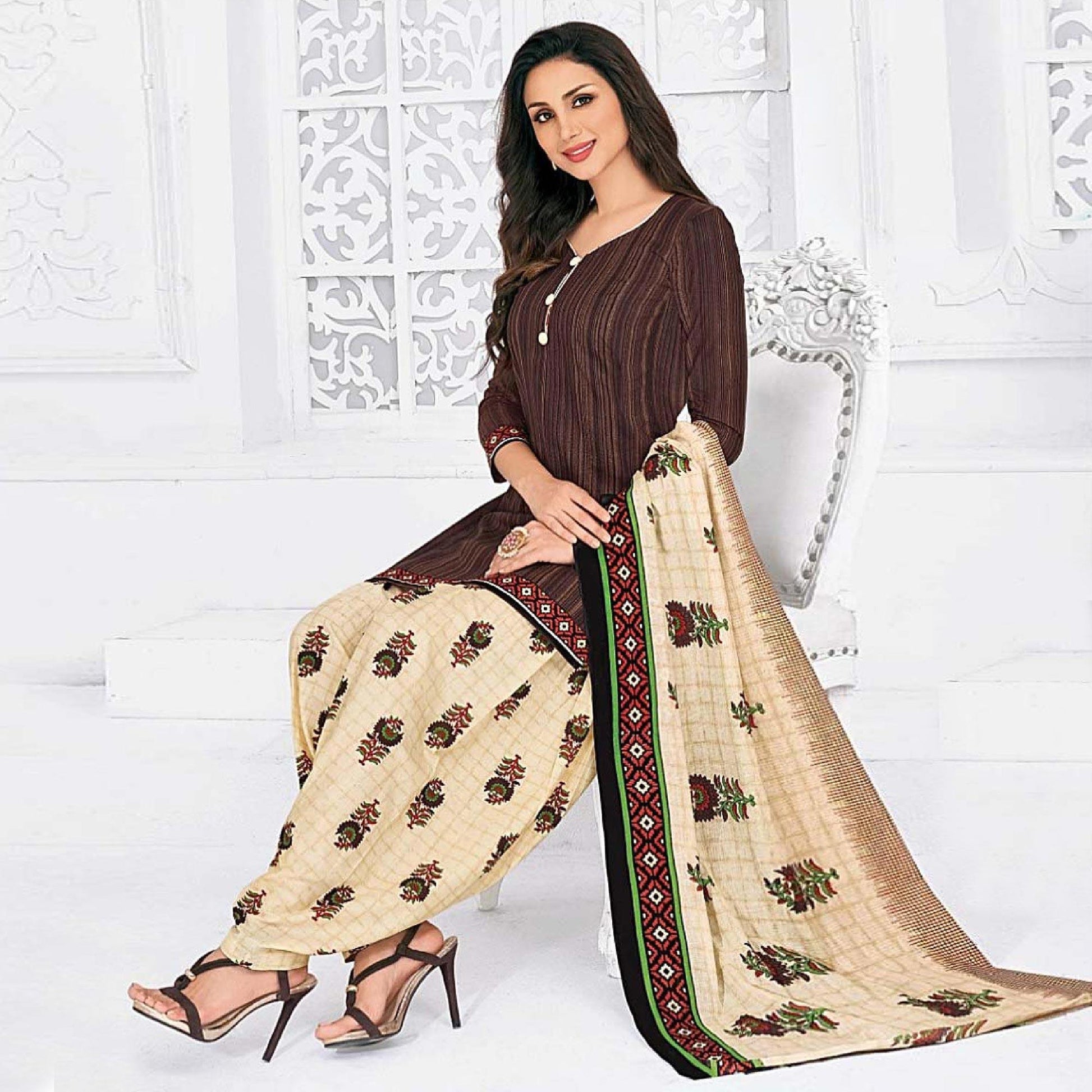 Dark Brown Casual Wear Printed Cotton Dress Material
