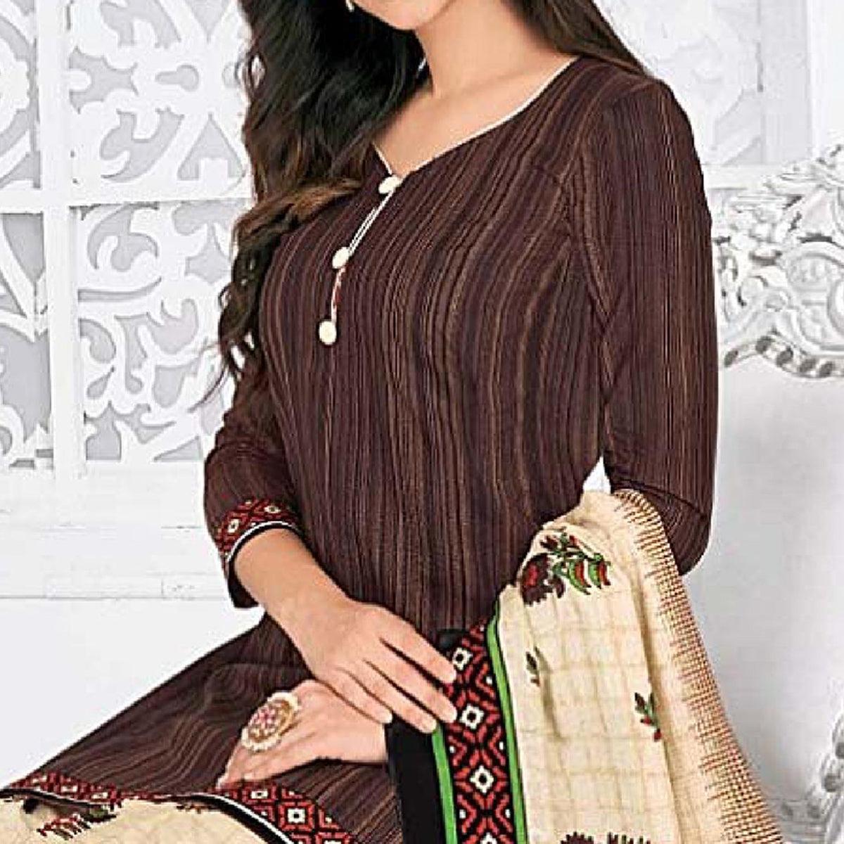 Dark Brown Casual Wear Printed Cotton Dress Material