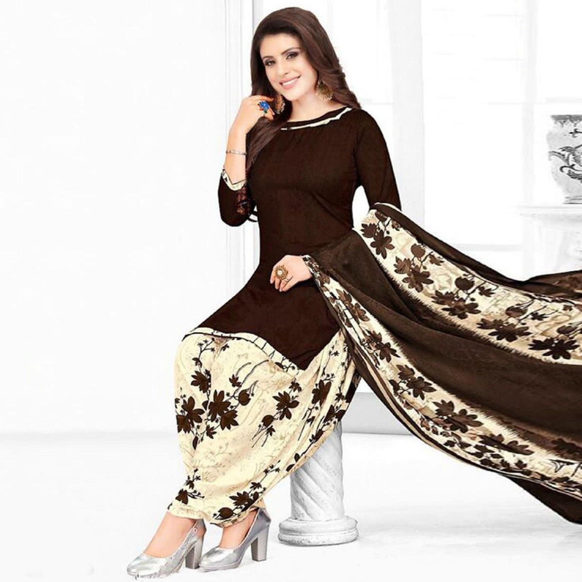 Dark Brown Casual Wear Printed Leon Patiala Dress Material