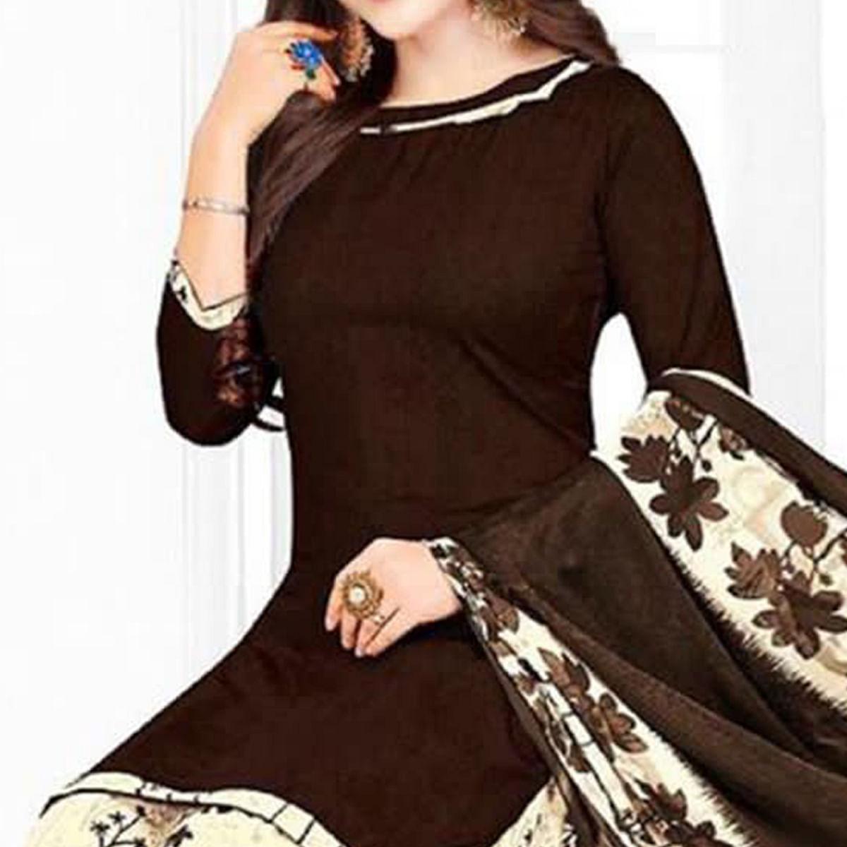 Dark Brown Casual Wear Printed Leon Patiala Dress Material