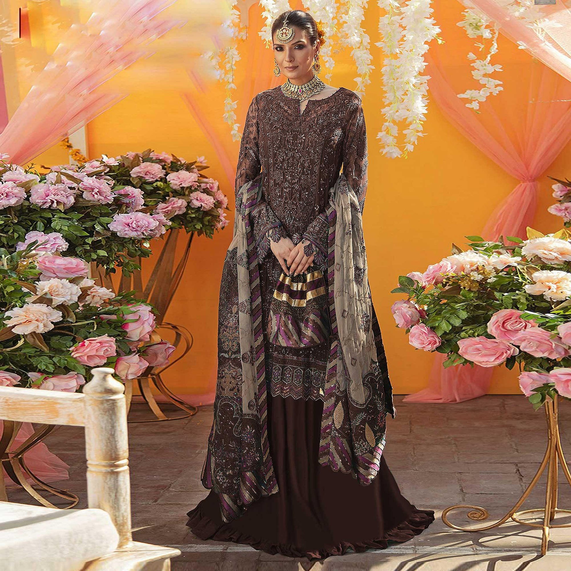 Dark Brown Embroidered Georgette Suit