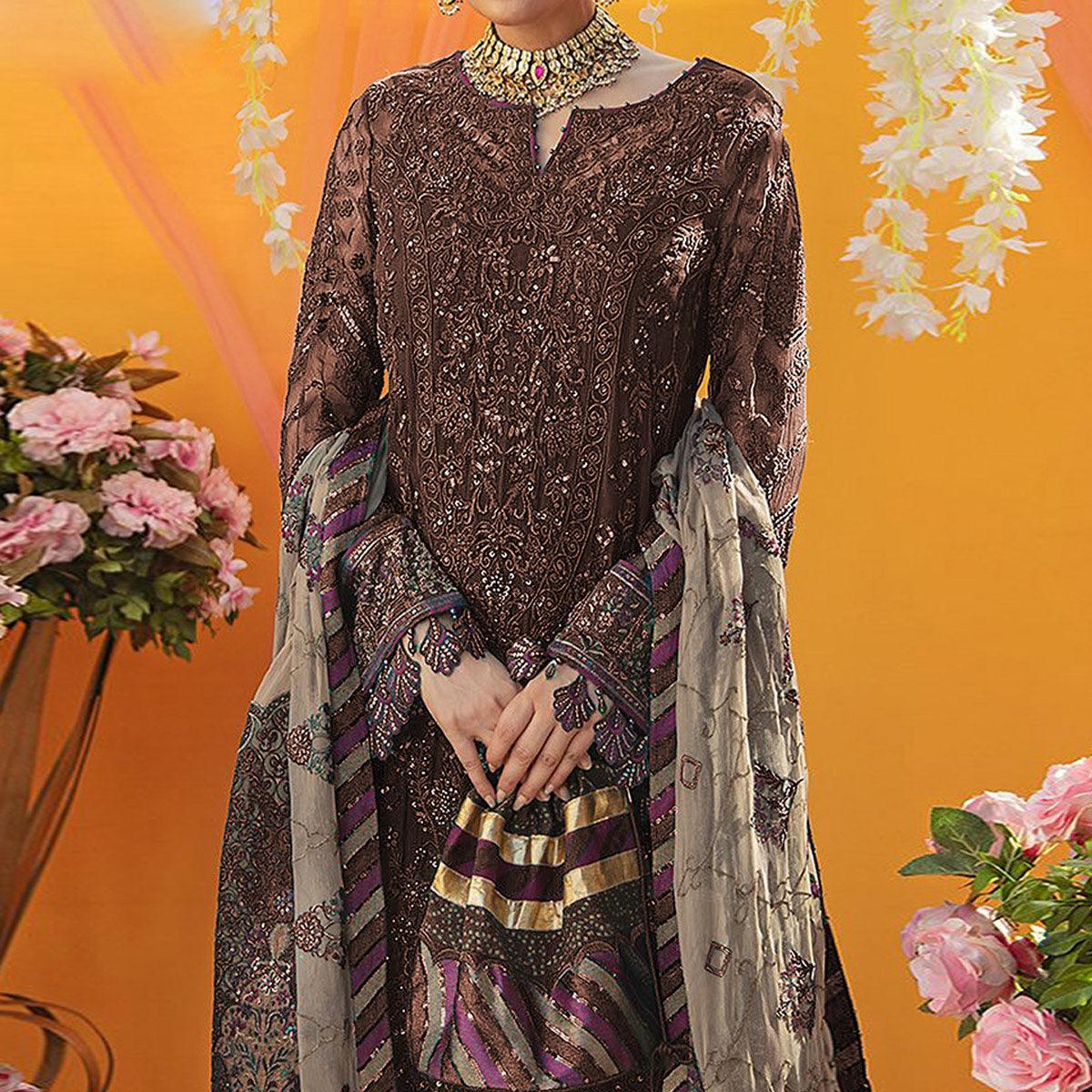 Dark Brown Embroidered Georgette Suit